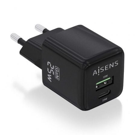depau-AIS-CARGA-ASCH-25W2P015-BK Cargador de Pared GaN Aisens ASCH-25W2P015-BK/ 1xUSB Tipo-C/ 1xUSB/ 25W - Imagen 1