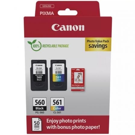 depau-CAN-MULTIPACK-3713C008 Cartucho de Tinta Original Canon PG-560 + CL-561 Multipack/ Negro/ Tricolor + Papel Fotográfico - Imagen 1