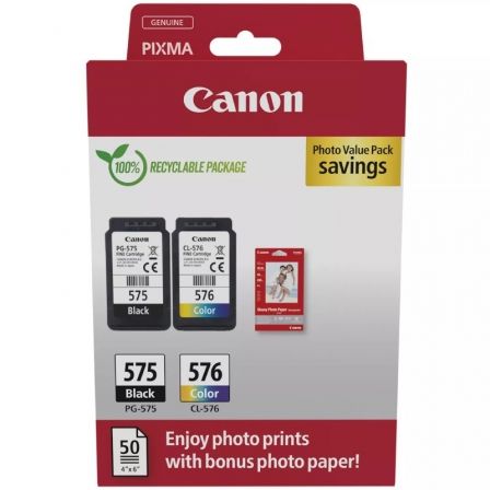depau-CAN-MULTIPACK-5438C004 Cartucho de Tinta Original Canon PG-575 + CL-576 Multipack/ Negro/ Tricolor + Papel Fotográfico - Imagen 1