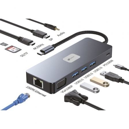depau-LEO-DOCK-LEDS03 Docking USB Tipo-C Leotec LEDS03/ 3xUSB/ 1xUSB Tipo-C PD/ 1xHDMI 4K/ 1xDisplayPort/ 1xVGA/ 1xAudio/ 1xRJ45/ 1xLector Tarjetas SD y MicroSD/ Gris - Imagen 1