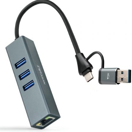 depau-NAN-HUB-10-03-0412 Hub USB + USB Tipo-C 3.0 Nanocable 10.03.0412/ 3xUSB/ 1xRJ45/ Gris - Imagen 1