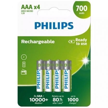 depau-PHIL-PILA-R03B4A70-10 Pack de 4 Pilas AAA Philips R03B4A70/10/ 1.2V/ Recargables - Imagen 1