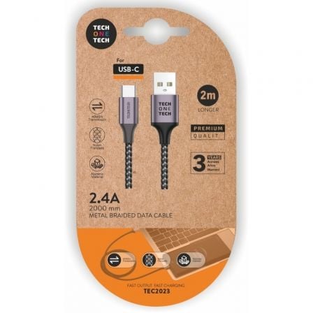 depau-TOT-CAB-TEC2023 Cable USB 2.0 Tipo-C Tech One Tech TEC2023/ USB Tipo-C Macho - USB Macho/ 2m/ Gris - Imagen 1