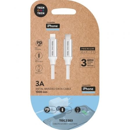 depau-TOT-CAB-TEC2203 Cable USB Tipo-C Lightning Tech One Tech TEC2203/ Lightning Macho - USB Tipo-C Macho/ Hasta 20W/ 480Mbps/ 1m/ Blanco - Imagen 1