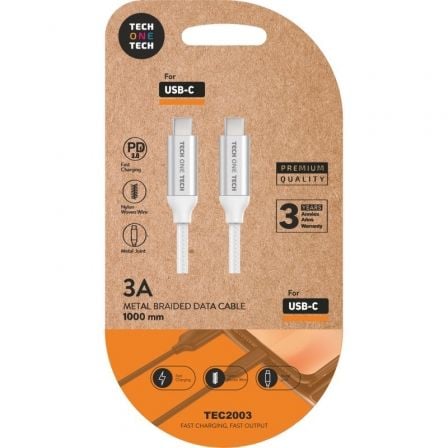 depau-TOT-CAB-TEC2204 Cable USB 2.0 Tipo-C Tech One Tech TEC2204/ USB Tipo-C Macho - USB Tipo-C Macho/ Hasta 20W/ 480Mbps/ 1m/ Blanco - Imagen 1