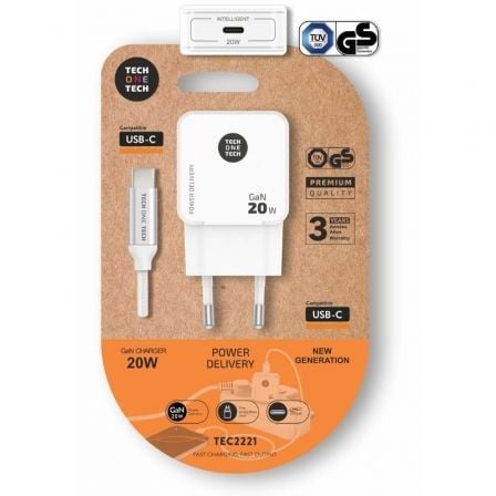 depau-TOT-CAR-TEC2221 Cargador de Pared Tech One Tech TEC2221/ 1xUSB Tipo-C + Cable USB Tipo-C/ 20W/ Blanco - Imagen 1
