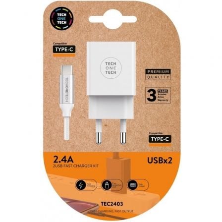 depau-TOT-CAR-TEC2403 Cargador de Pared Tech One Tech TEC2403/ 2xUSB + Cable USB Tipo-C/ 12W/ Blanco - Imagen 1