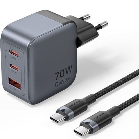 depau-VEN-CARGA-TZ-FEXH0-EU Cargador de Pared GaN Vention TZ-FEXH0-EU/ 2xUSB Tipo-C/ 1xUSB + Cable USB Tipo-C/ 70W - Imagen 1