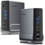 Docking USB Tipo-C Vention TPUH0/ 2xHDMI 4K/ 1xDisplayPort/ 3xUSB Tipo-C/ 5xUSB/ 1xRJ45/ 1xLector de Tarjetas/ 1xJack 3.5/ 1xUSB Tipo-C PD/ Gris