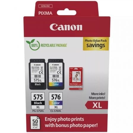 depau-CAN-MULTIPACK-5437C006 Cartucho de Tinta Original Canon PG-575XL + CL576XL Multipack Alta Capacidad/ Negro/ Tricolor + Papel Fotográfico - Imagen 1