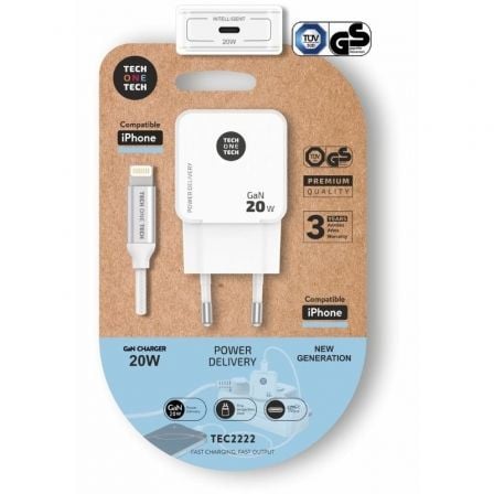 depau-TOT-CAR-TEC2222 Cargador de Pared Tech One Tech TEC2222/ 1xUSB Tipo-C + Cable Lightning/ 20W/ Blanco - Imagen 1