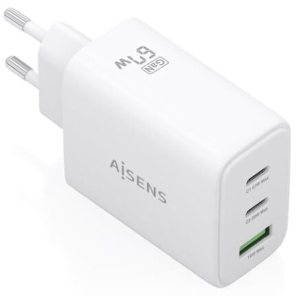 Cargador de Pared GaN Aisens ASCH-67W3P086-W/ 2xUSB Tipo-C/ 1xUSB/ 67W/ Blanco