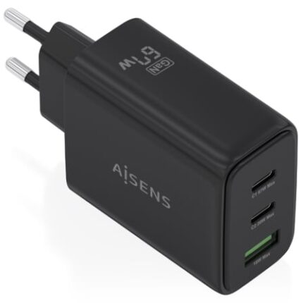 Cargador de Pared GaN Aisens ASCH-67W3P087-BK/ 2xUSB Tipo-C/ 1xUSB/ 67W