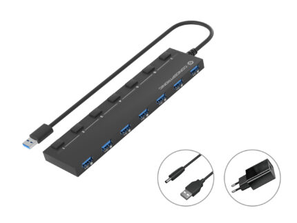 Hub USB 3.2 Conceptronic HUBBIES19BP 7 puertos USB 3.0 con interruptores y alimentador