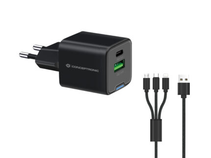 Cargador de red USB + Type-C / 33W / 3 en 1 / Negro / Incluye cable 3 en 1 / Conceptronic / ALTHEA16B